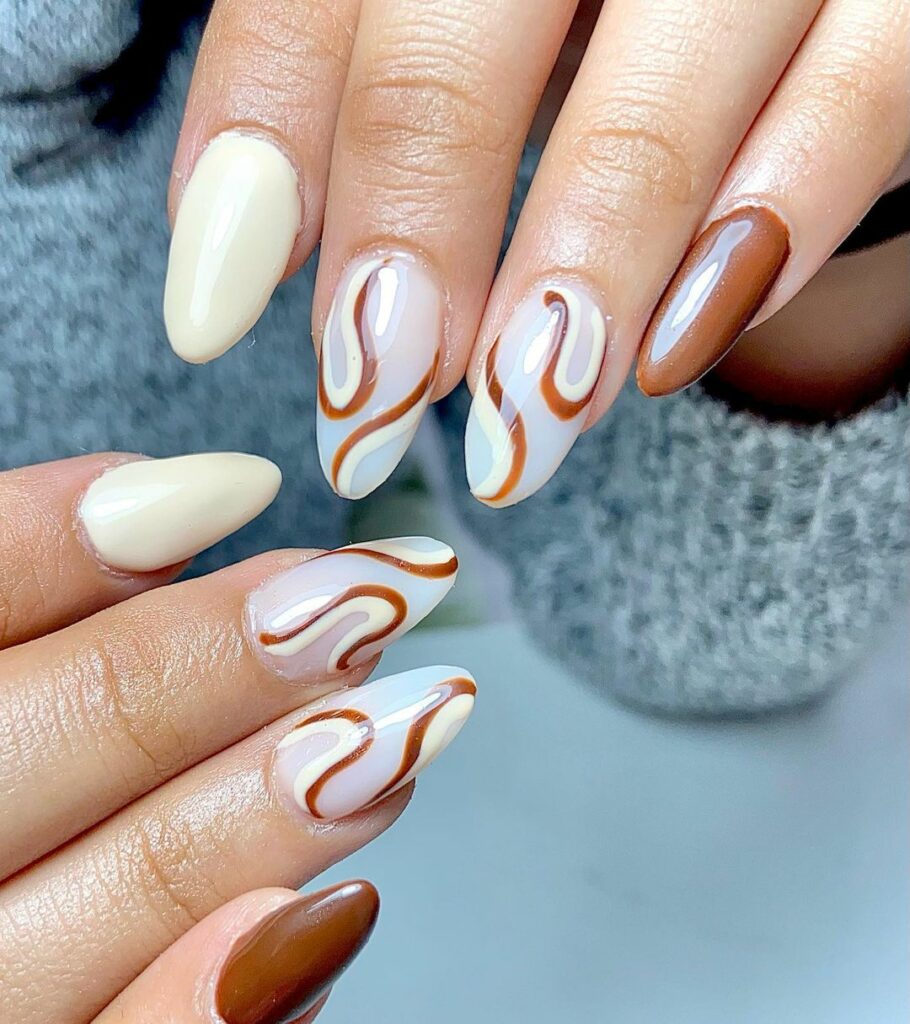 Brown and White Swirl Nails