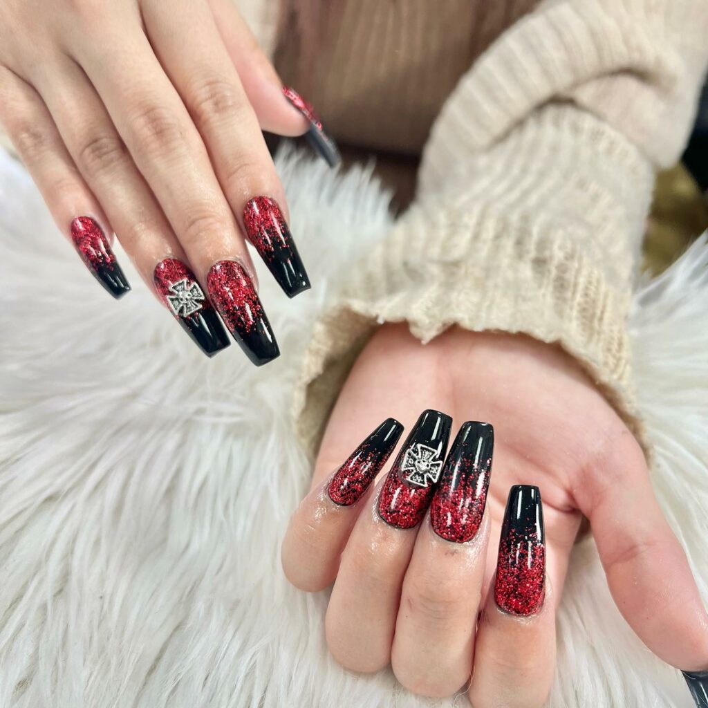 Dark Red Sparkly Nails