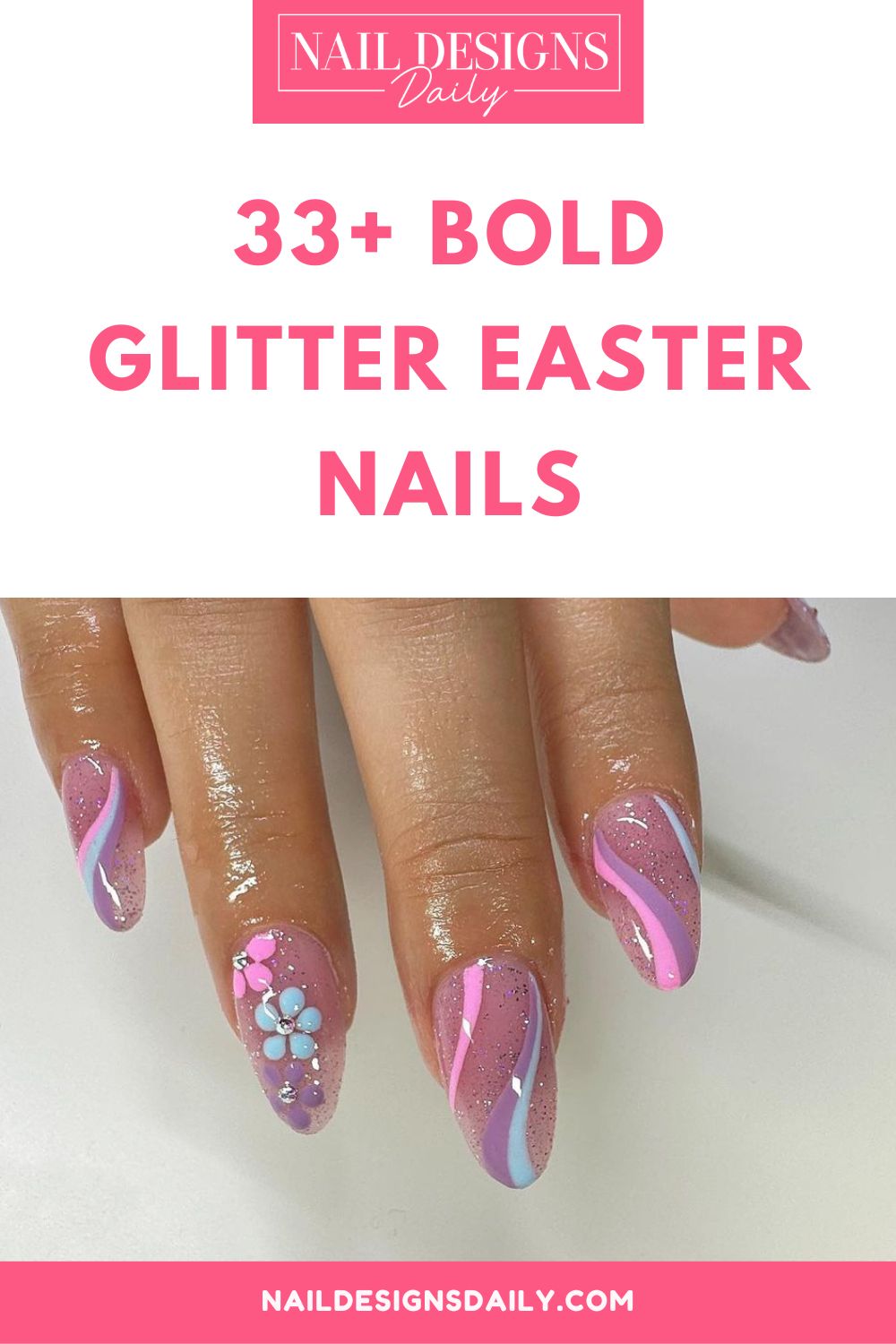 pinterest image for an article about  Glitter Easter Nails