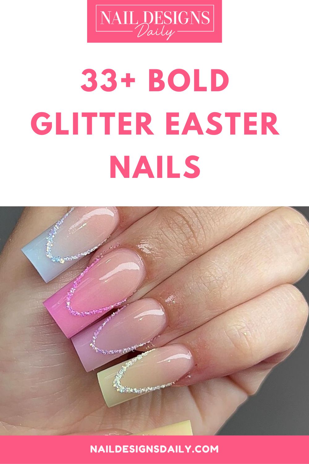 pinterest image for an article about  Glitter Easter Nails
