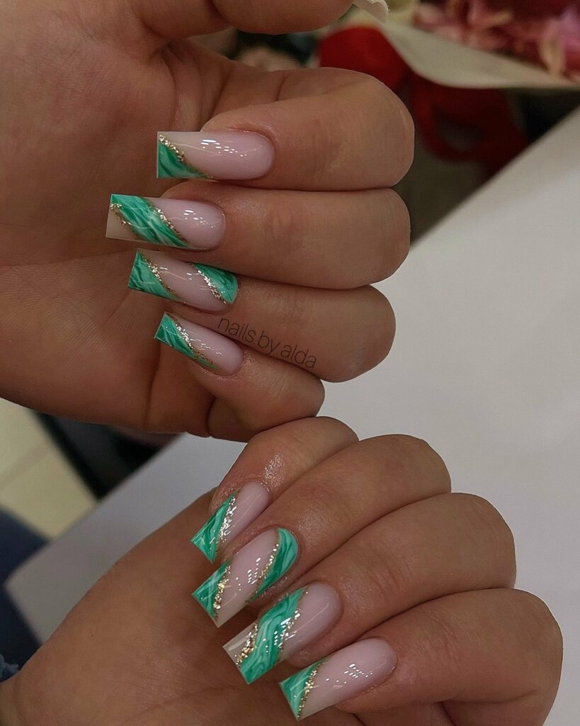 Green and Silver French Tip Nails