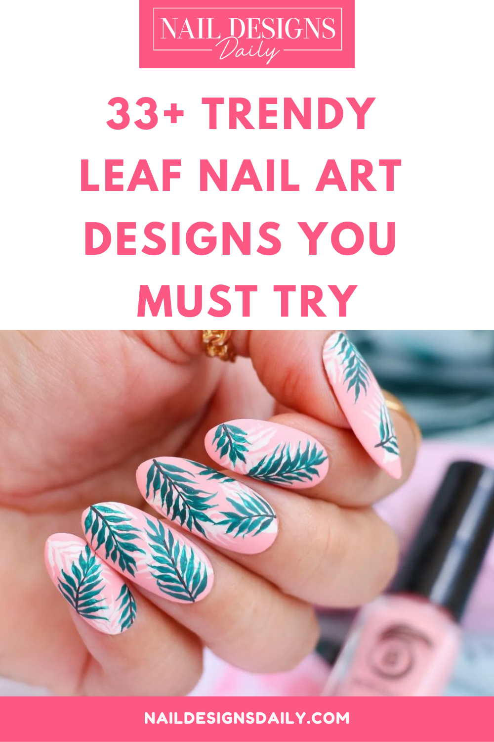 pinterest image for an article about leaf nail art designs