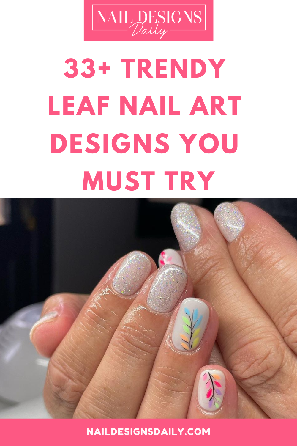 pinterest image for an article about leaf nail art designs