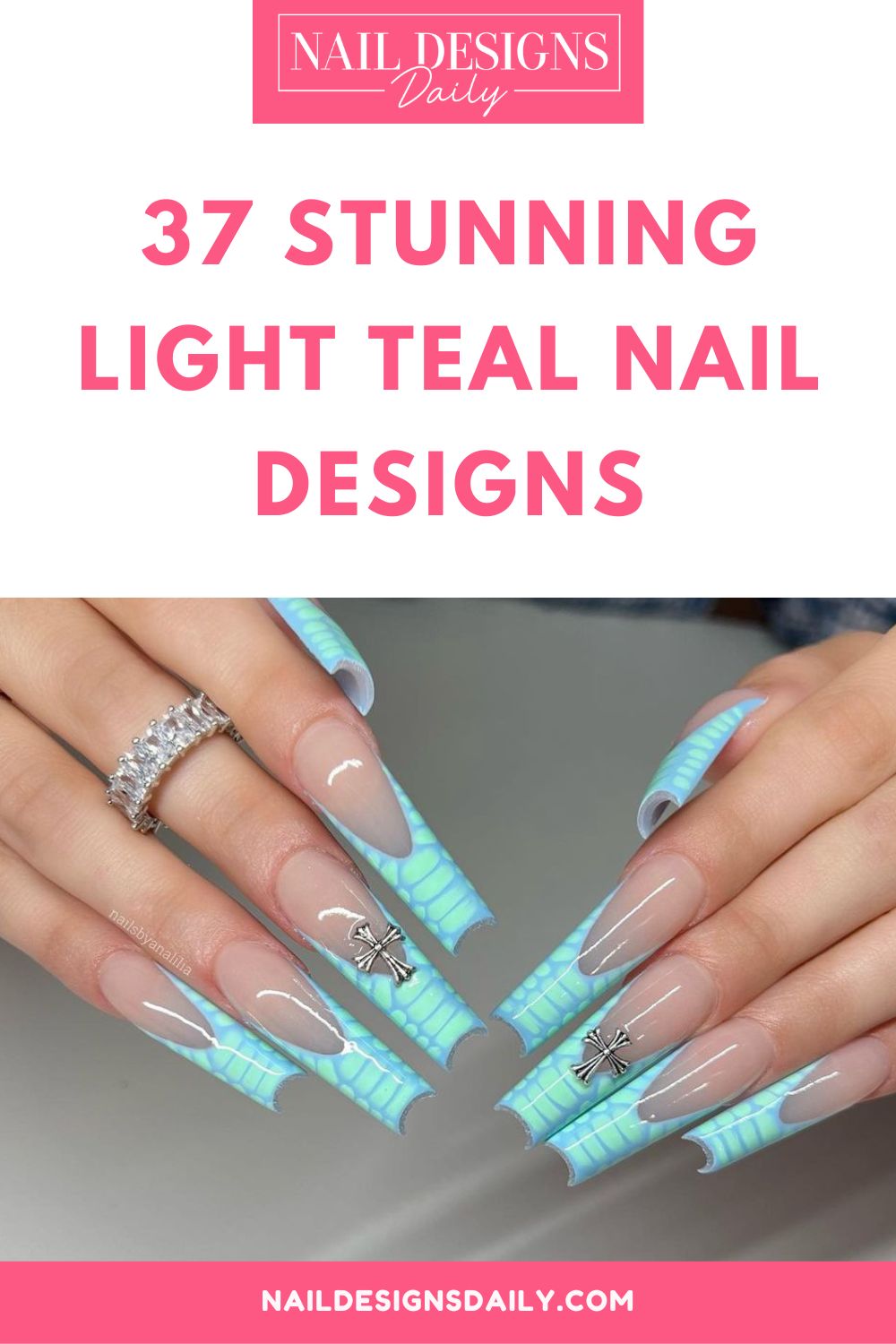 pinterest image for an article about Light Teal Nail Designs