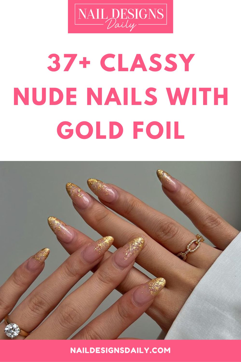 pinterest image for an article about  Nude Nails With Gold Foil