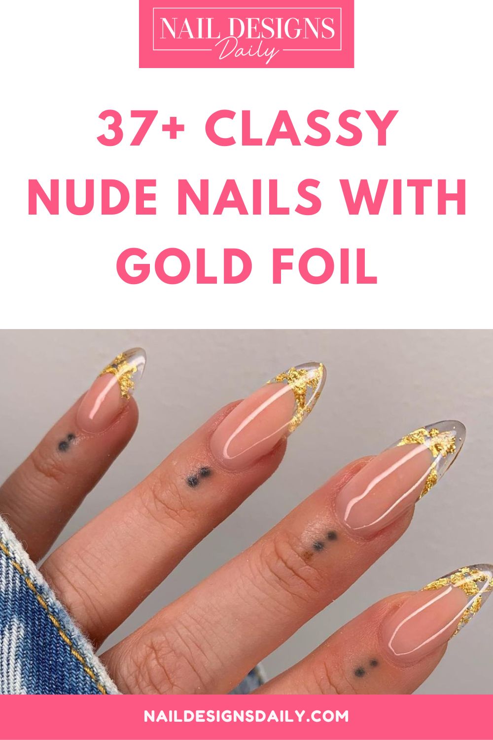 pinterest image for an article about  Nude Nails With Gold Foil