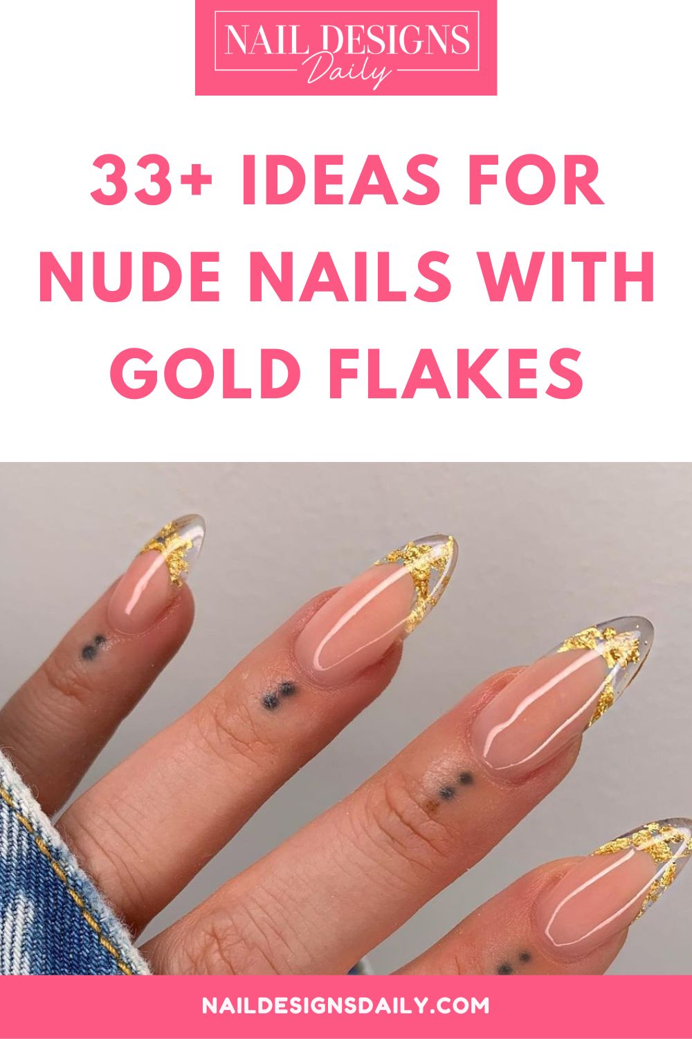 pinterest image for an article about Nude Nails with Gold Flakes