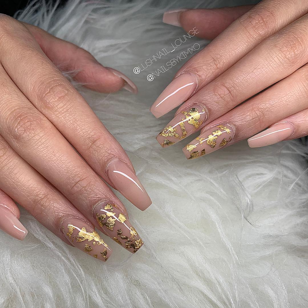 Nude Nails with Gold Flakes