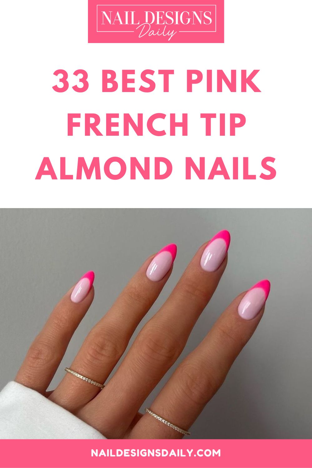 pinterest image for an article about Pink French Tip Almond Nails
