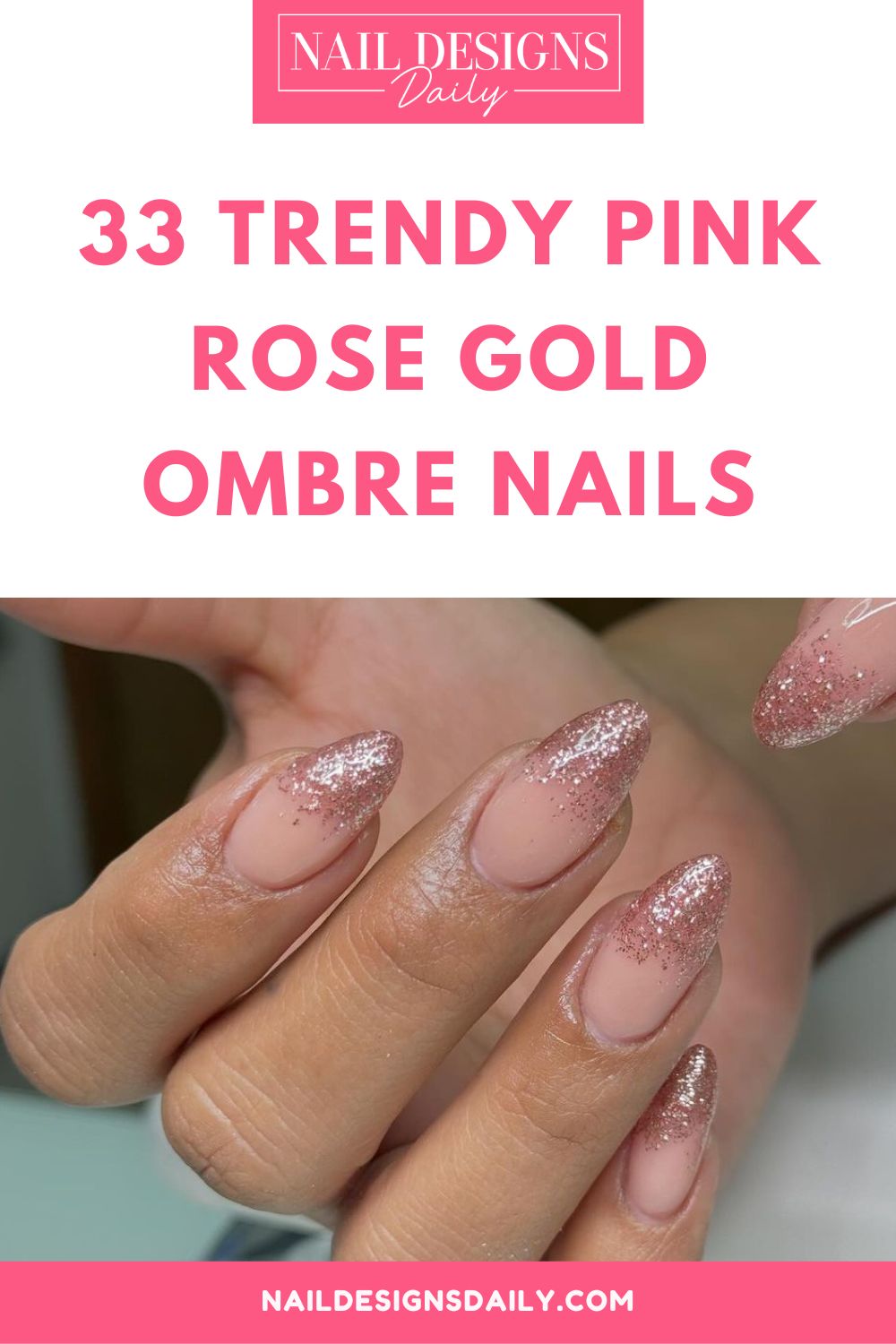 pinterest image for an article about Pink Rose Gold Ombre Nails