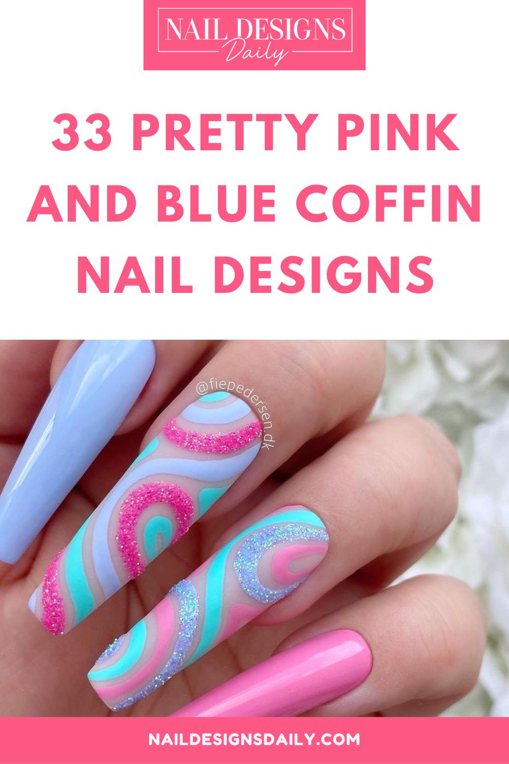 pinterest image for an article about Pink and Blue Coffin Nail Designs