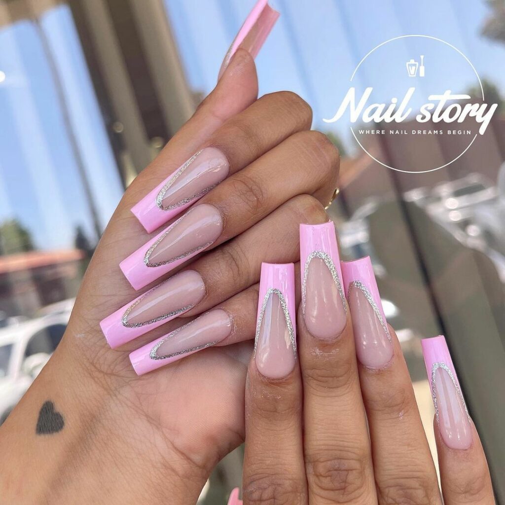 Pink and Silver French Tip Nails