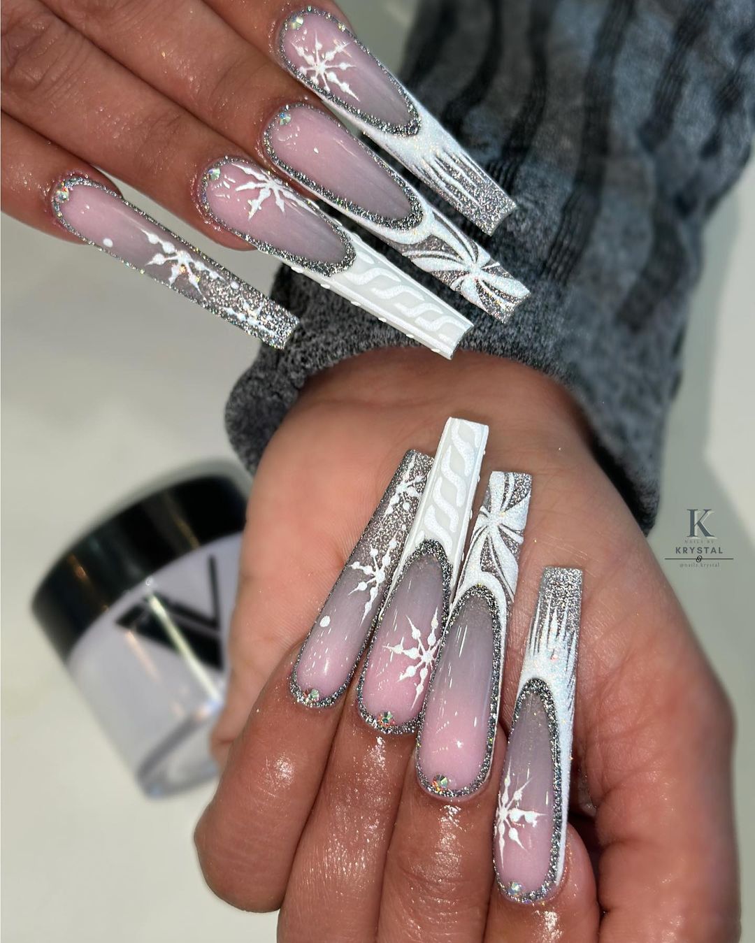 Pink and Silver Winter Nails