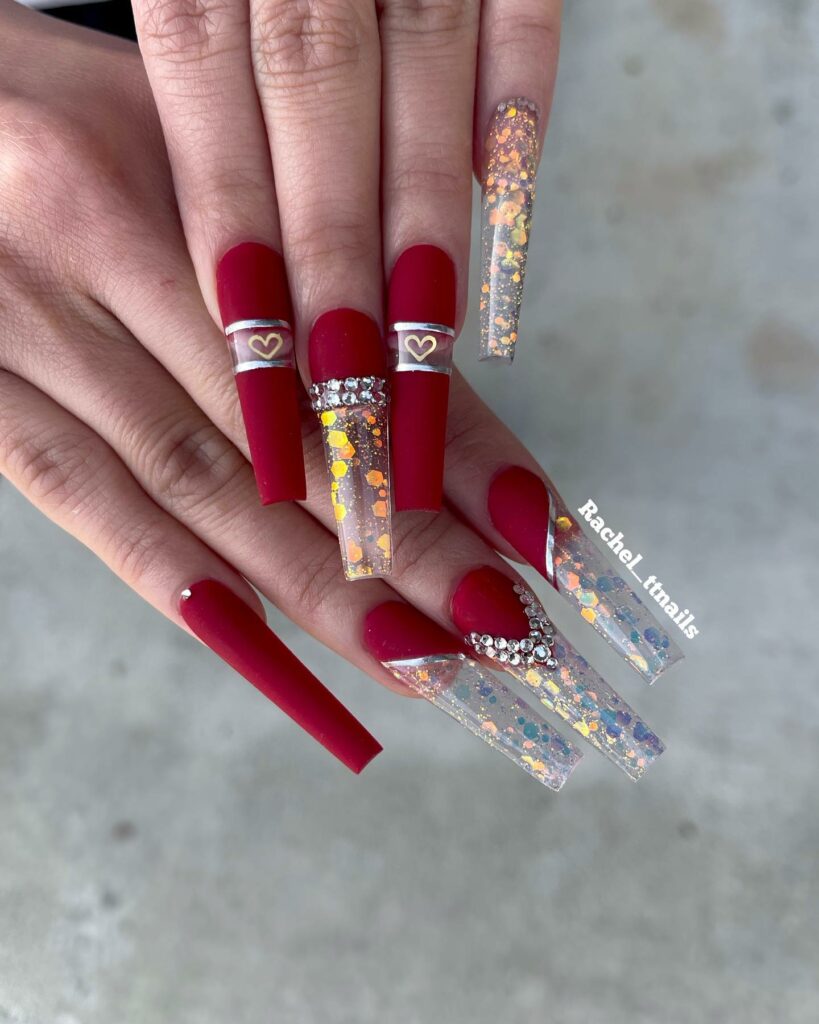 Red Coffin Nails With Diamonds