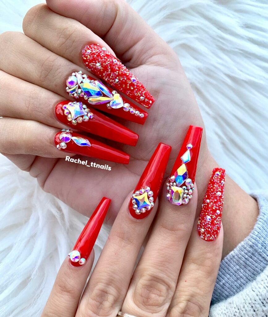 Red Coffin Nails With Diamonds