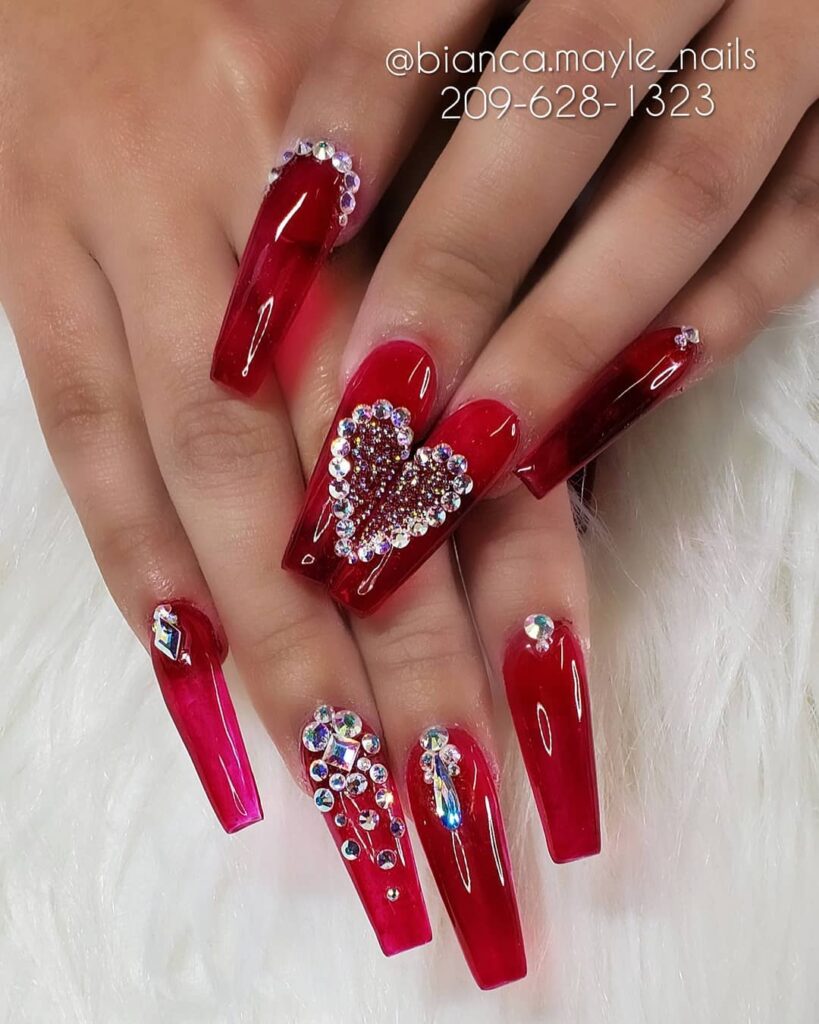 Red Coffin Nails With Diamonds