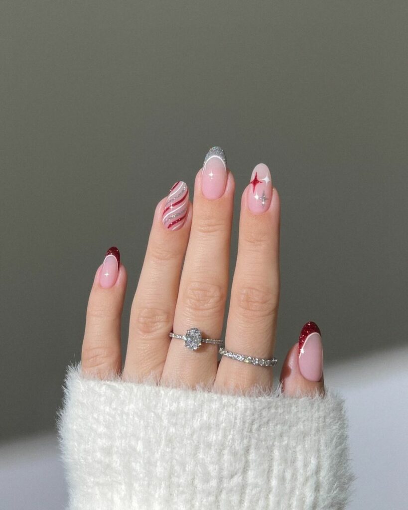 Red and Silver French Tip Nails