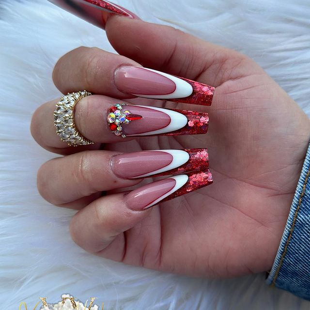Red and White Acrylic Nails 5
