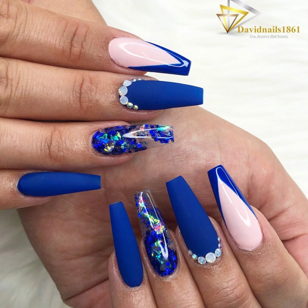 Royal Blue Coffin Nails With Diamonds