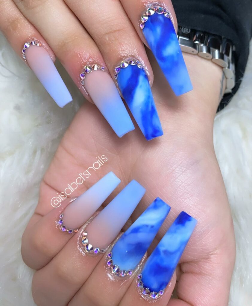 Royal Blue Coffin Nails With Diamonds