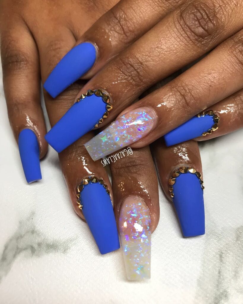 Royal Blue Coffin Nails With Diamonds