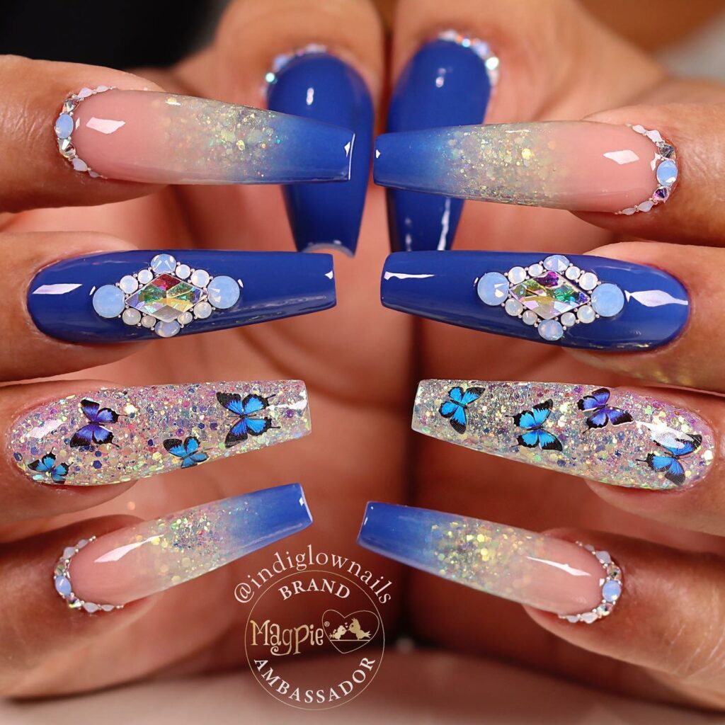 Royal Blue Coffin Nails With Diamonds