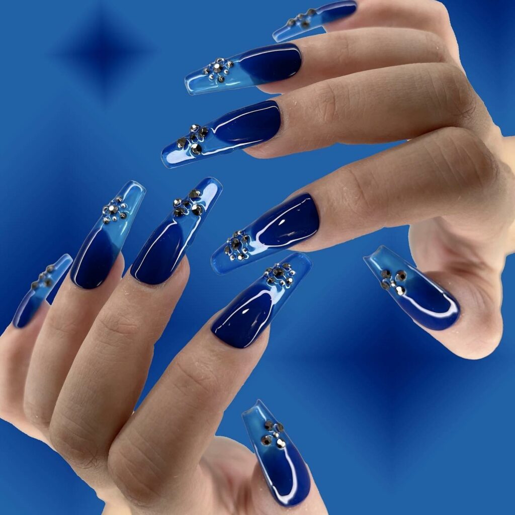 Royal Blue Coffin Nails With Diamonds