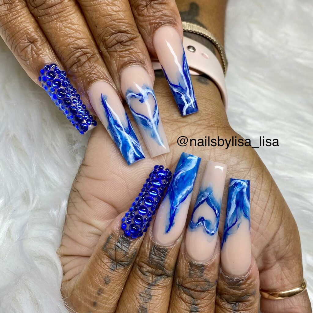 Royal Blue Coffin Nails With Diamonds