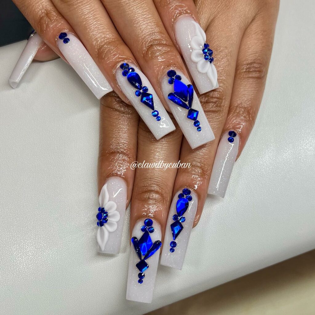 Royal Blue Coffin Nails With Diamonds