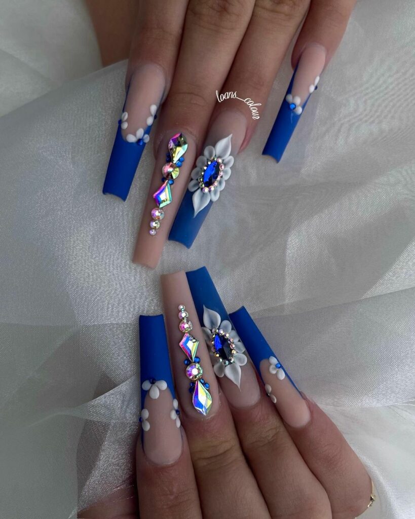 Royal Blue Coffin Nails With Diamonds