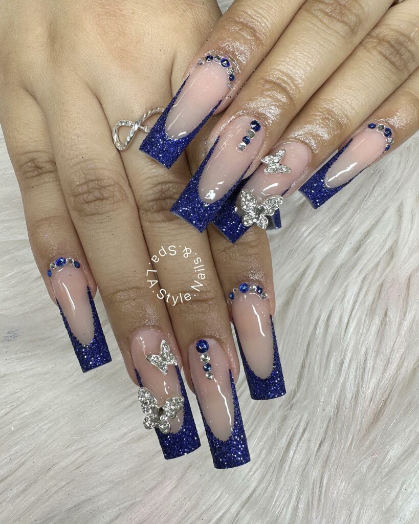 Royal Blue Coffin Nails With Diamonds