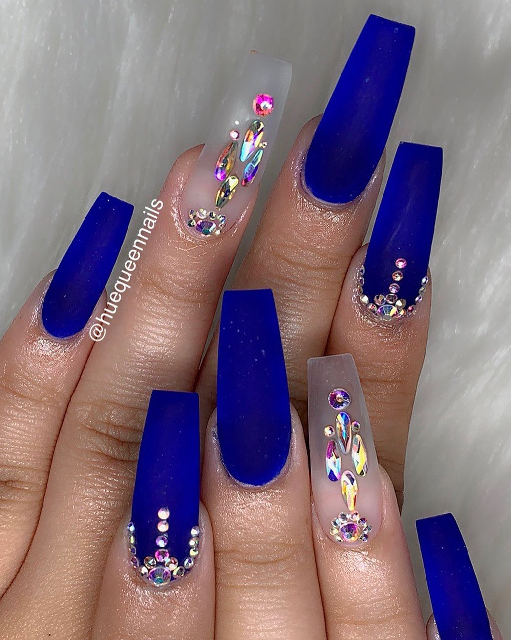 Royal Blue Coffin Nails With Diamonds