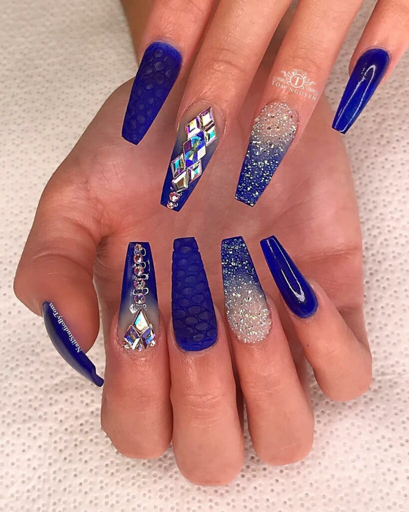 Royal Blue Coffin Nails With Diamonds