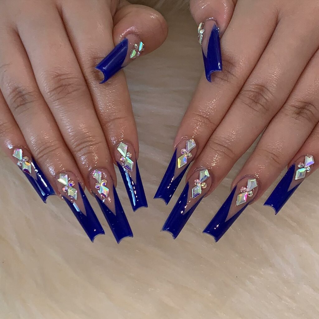 Royal Blue Coffin Nails With Diamonds