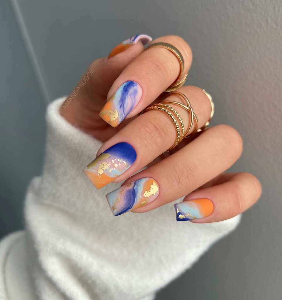 Royal Blue and Orange Nails