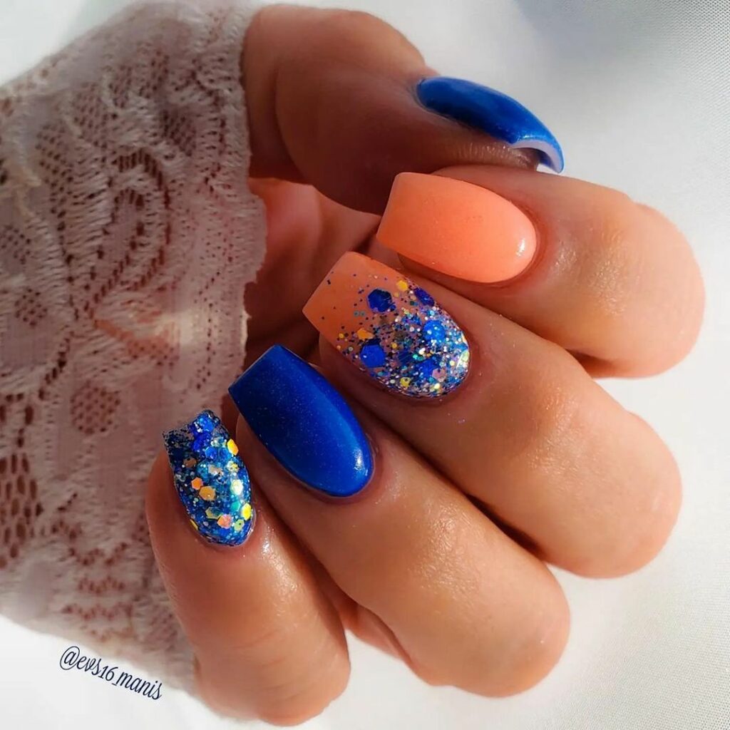 Royal Blue and Orange Nails