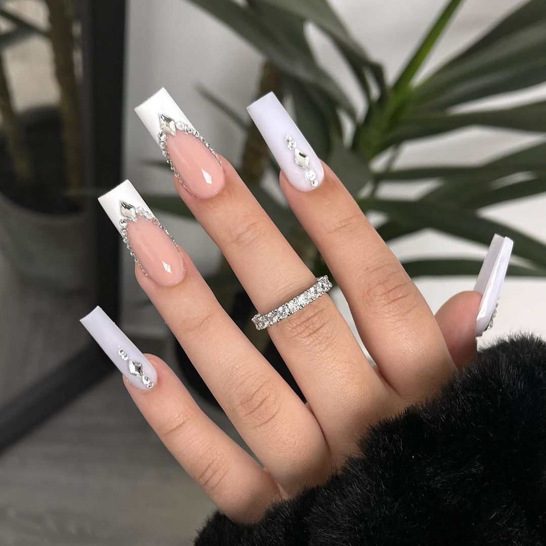 Silver and White Prom Nails