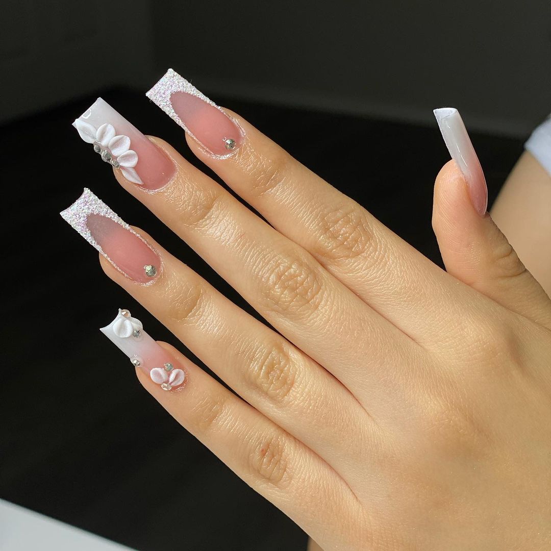 Silver and White Prom Nails