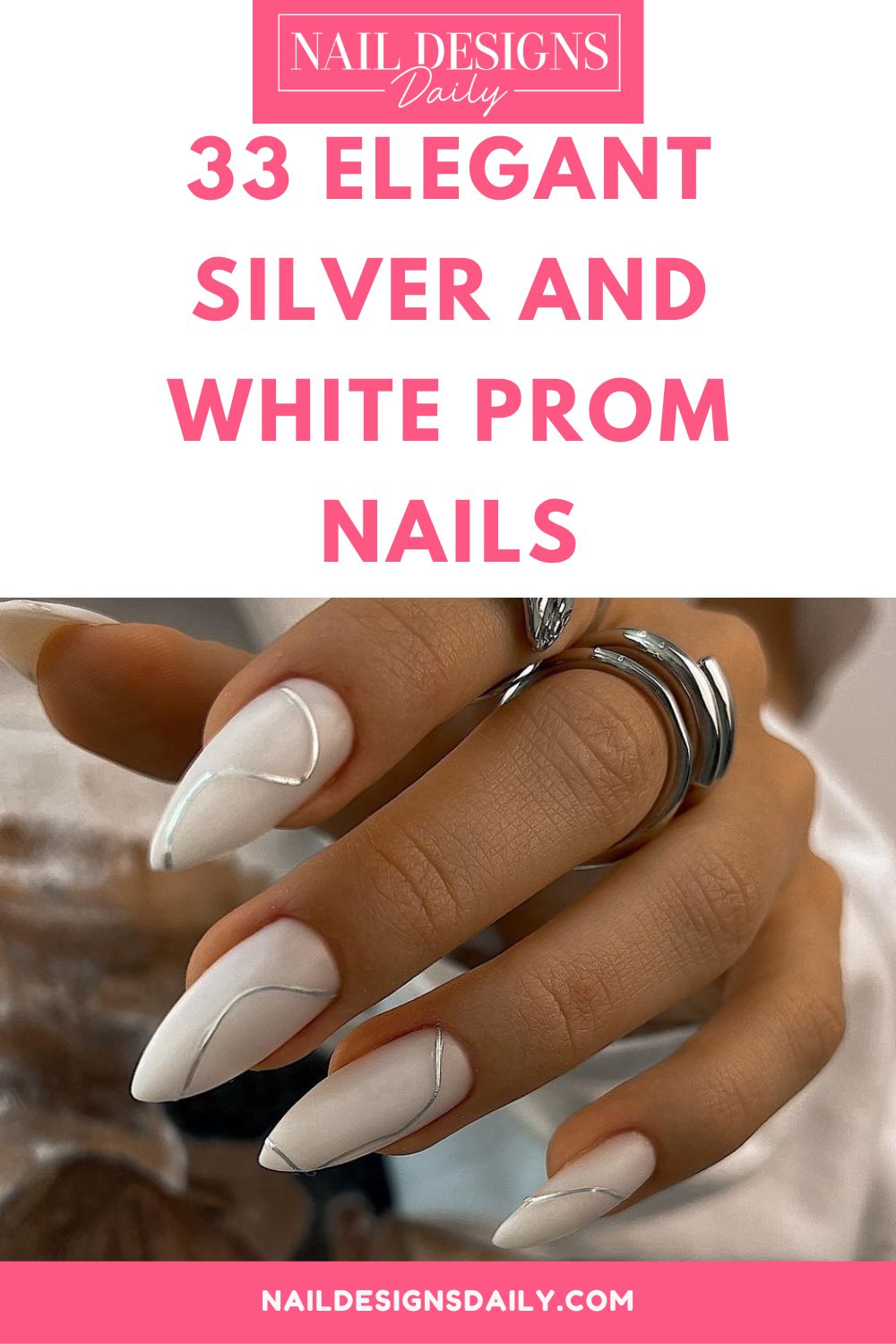 pinterest image for an article about Silver and White Prom Nails