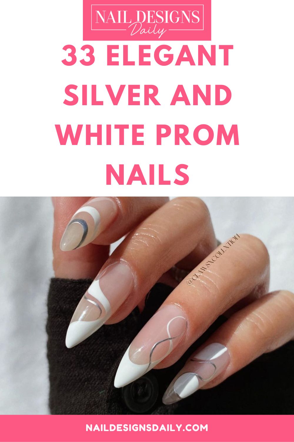pinterest image for an article about Silver and White Prom Nails