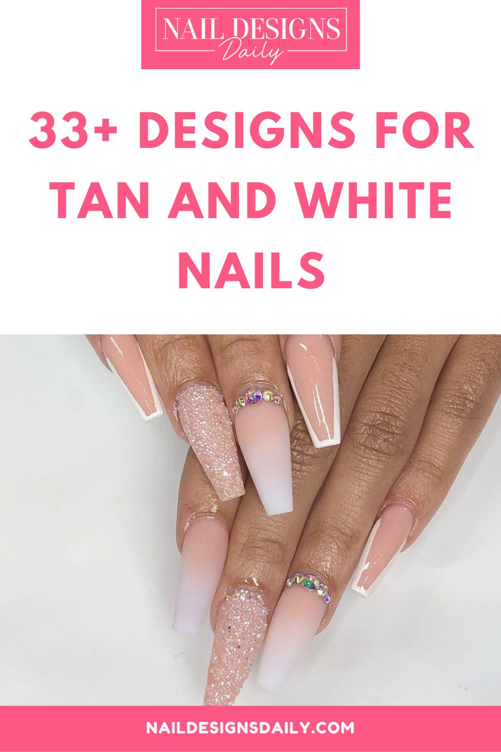 pinterest image for an article about  Tan and White Nails