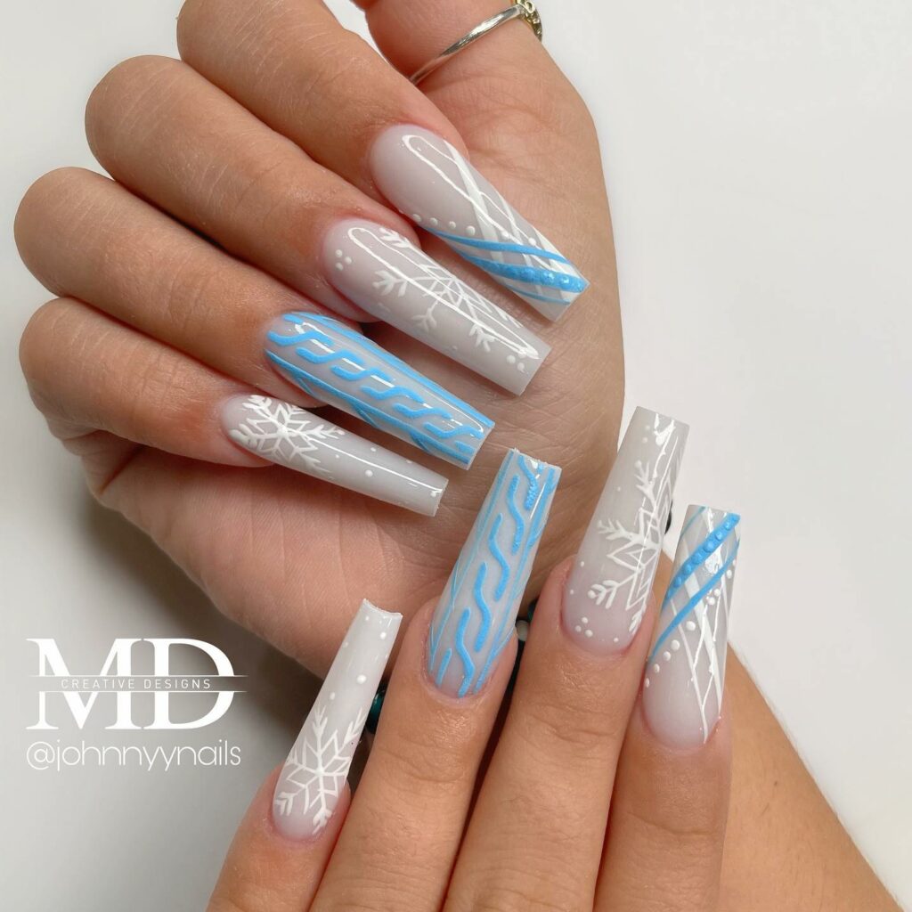 White Nails With Blue Snowflake