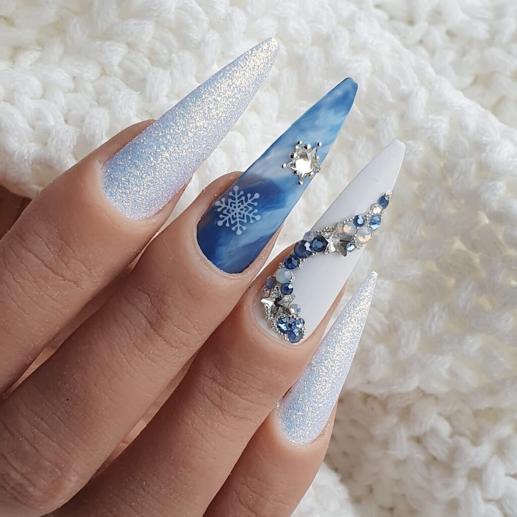 White Nails With Blue Snowflake