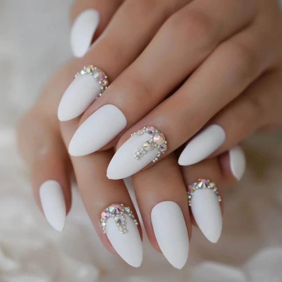 White Short Nails with Diamonds