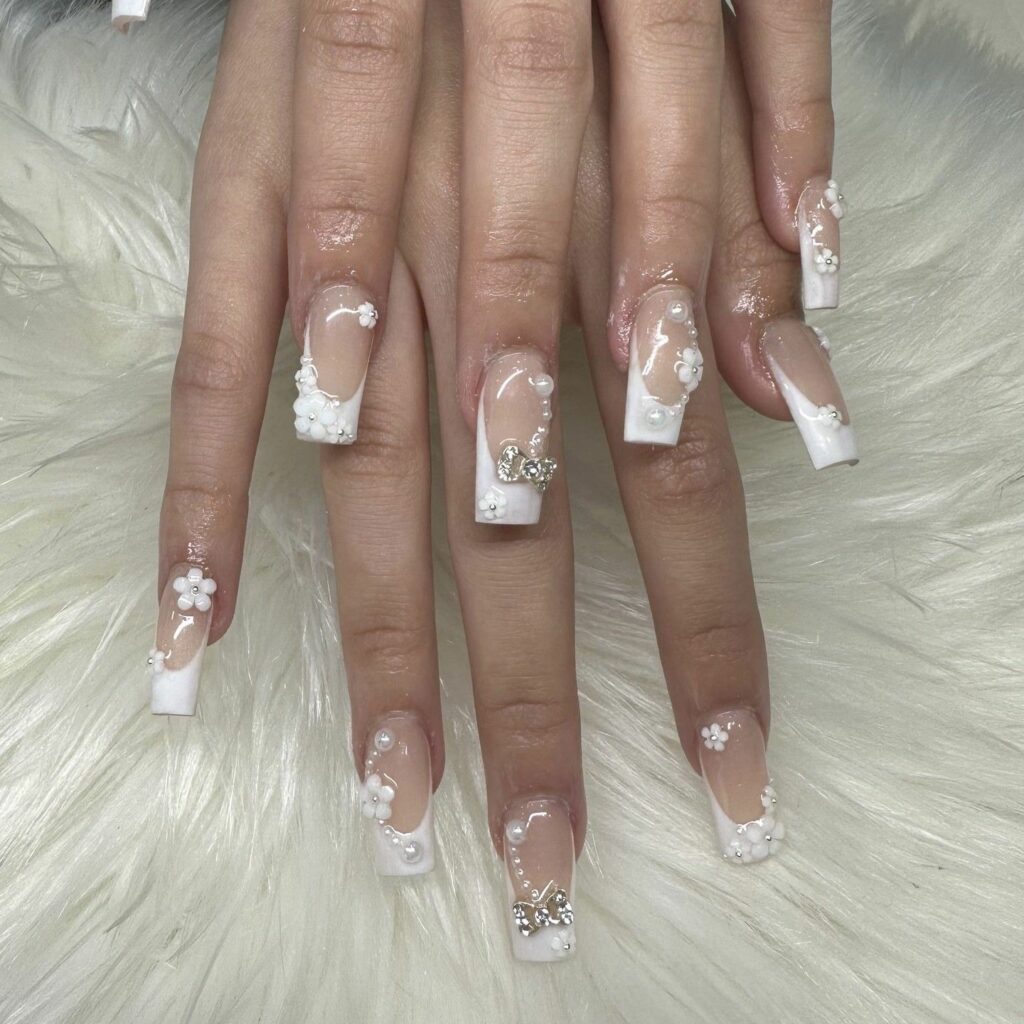 White Short Nails with Diamonds