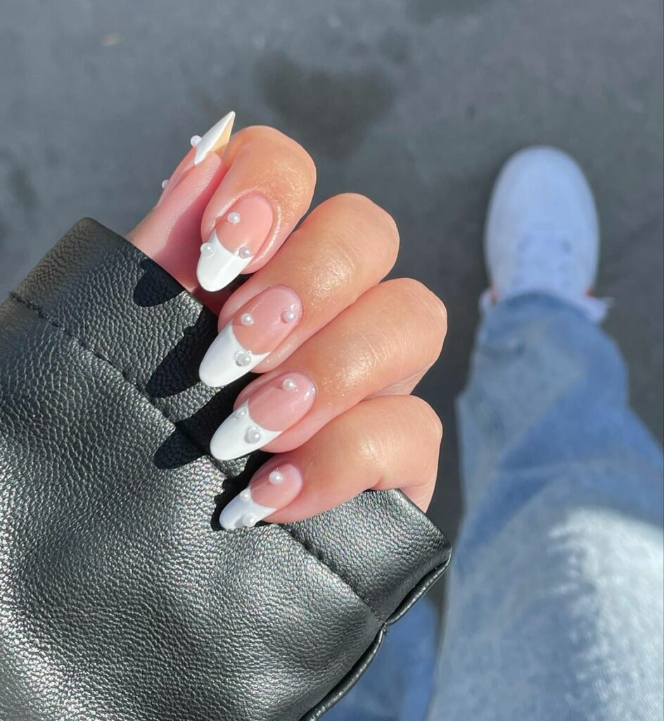 White Short Nails with Diamonds