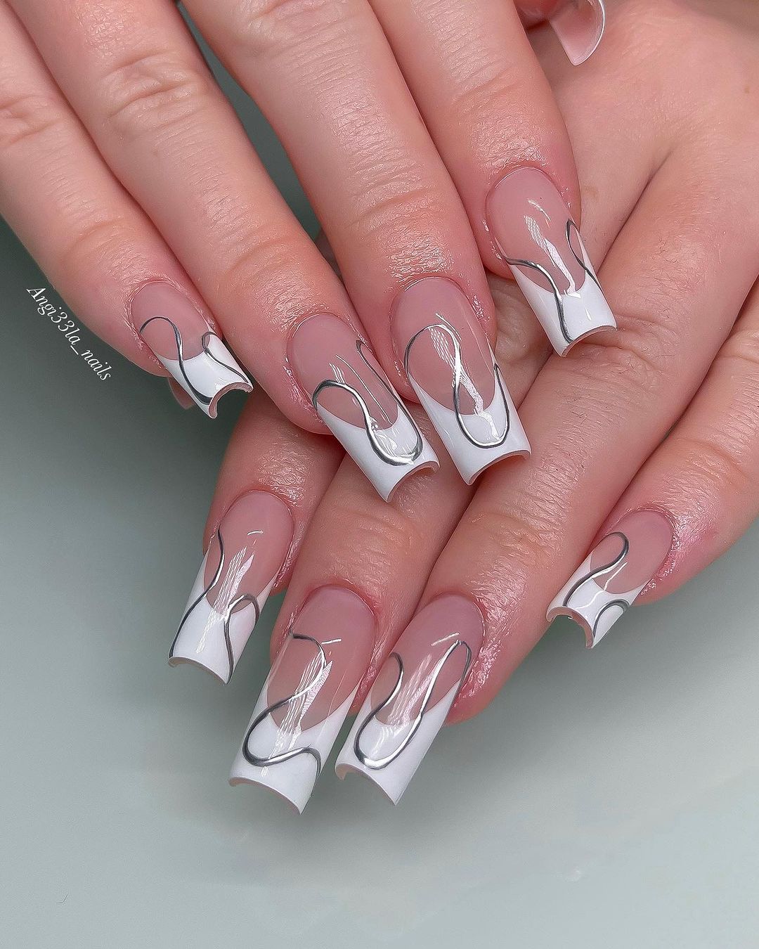 White and Silver French Tip Nails