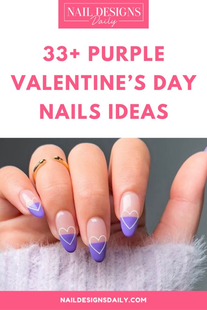 pinterest image for an article about purple valentine's day nail designs